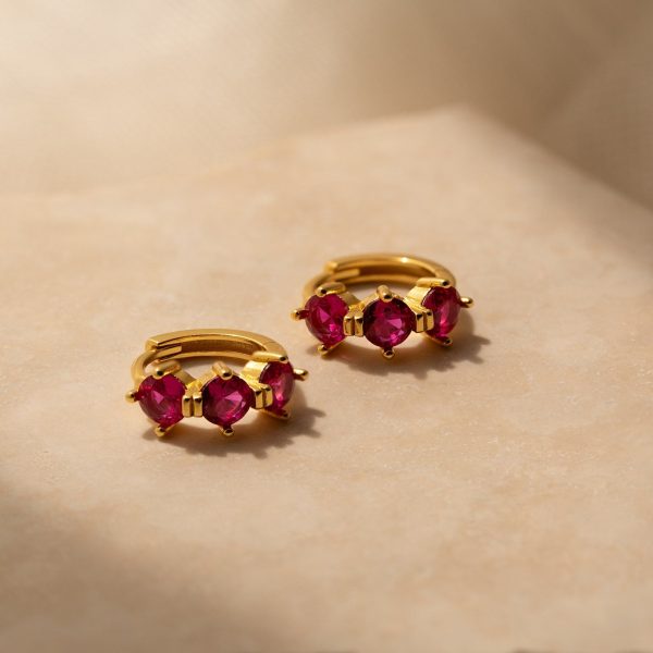 Triple Ruby Birthstone Huggies For Cheap