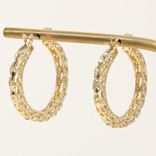 14k Yellow Gold Textured Hoop Earrings For Discount