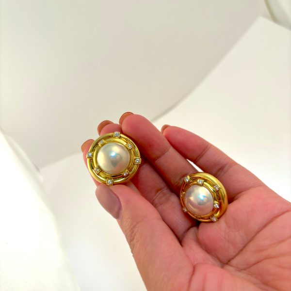 18k Yellow Gold Mabe Pearl and Diamond Clip On Earring | 14mm, 0.49ctw | Online