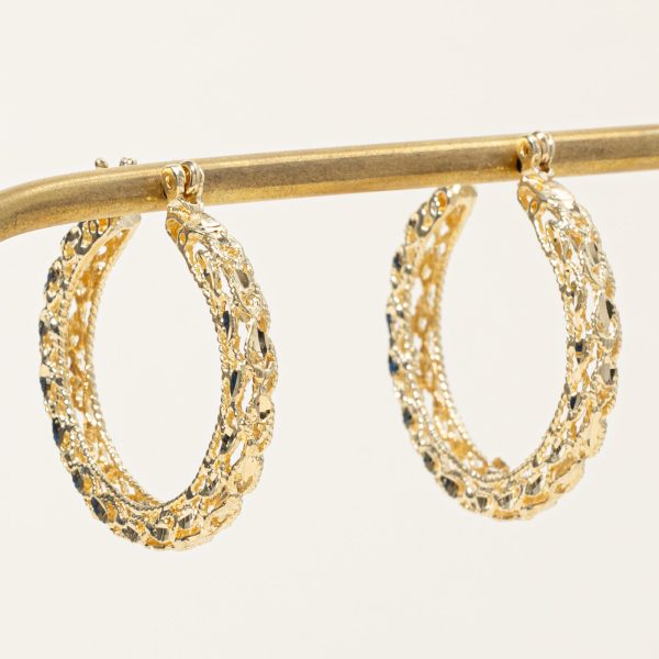 14k Yellow Gold Textured Hoop Earrings For Discount