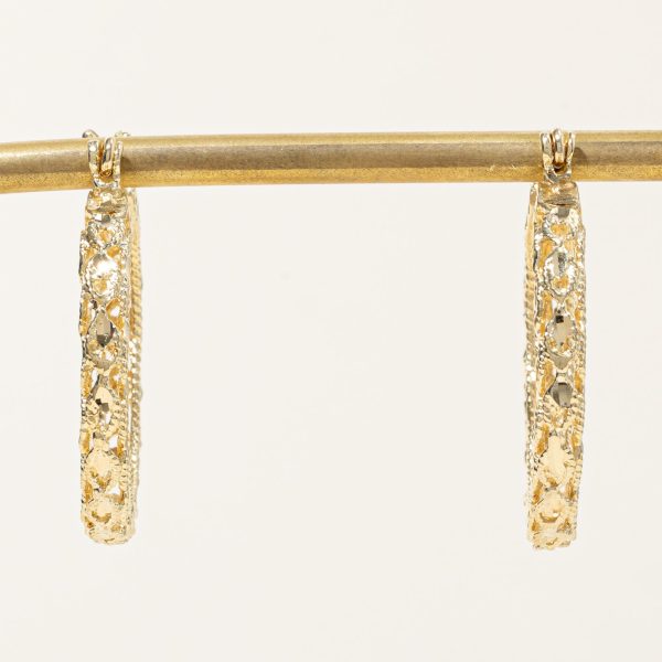 14k Yellow Gold Textured Hoop Earrings For Discount