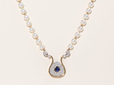 Yellow Gold Pearl Sapphire & Diamond Necklace | 3.12ct, 1.68ctw | 19.5  | Sale