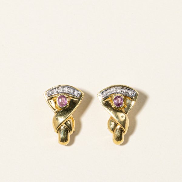 18K Yellow Gold Pink Sapphire & Diamond Earrings | 0.54ctw, 0.09ctw | For Sale