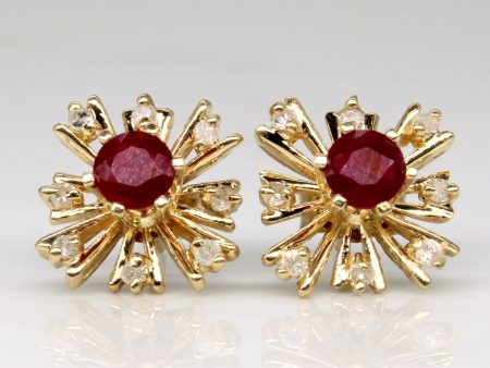 Synthetic Ruby & Diamond Stud & Jacket Earrings | 0.54ctw, 0.10ctw | Discount