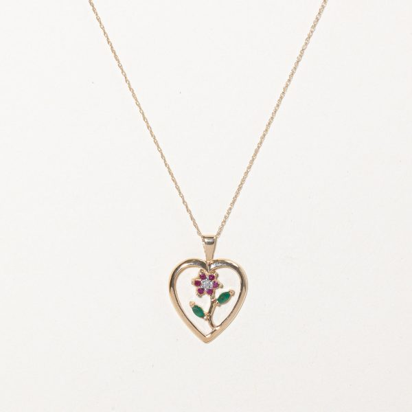 Multi Gemstone Flower & Heart Pendant Necklace | 0.26ctw | 18  | Sale