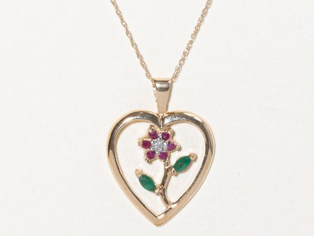 Multi Gemstone Flower & Heart Pendant Necklace | 0.26ctw | 18  | Sale