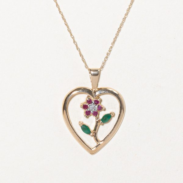 Multi Gemstone Flower & Heart Pendant Necklace | 0.26ctw | 18  | Sale